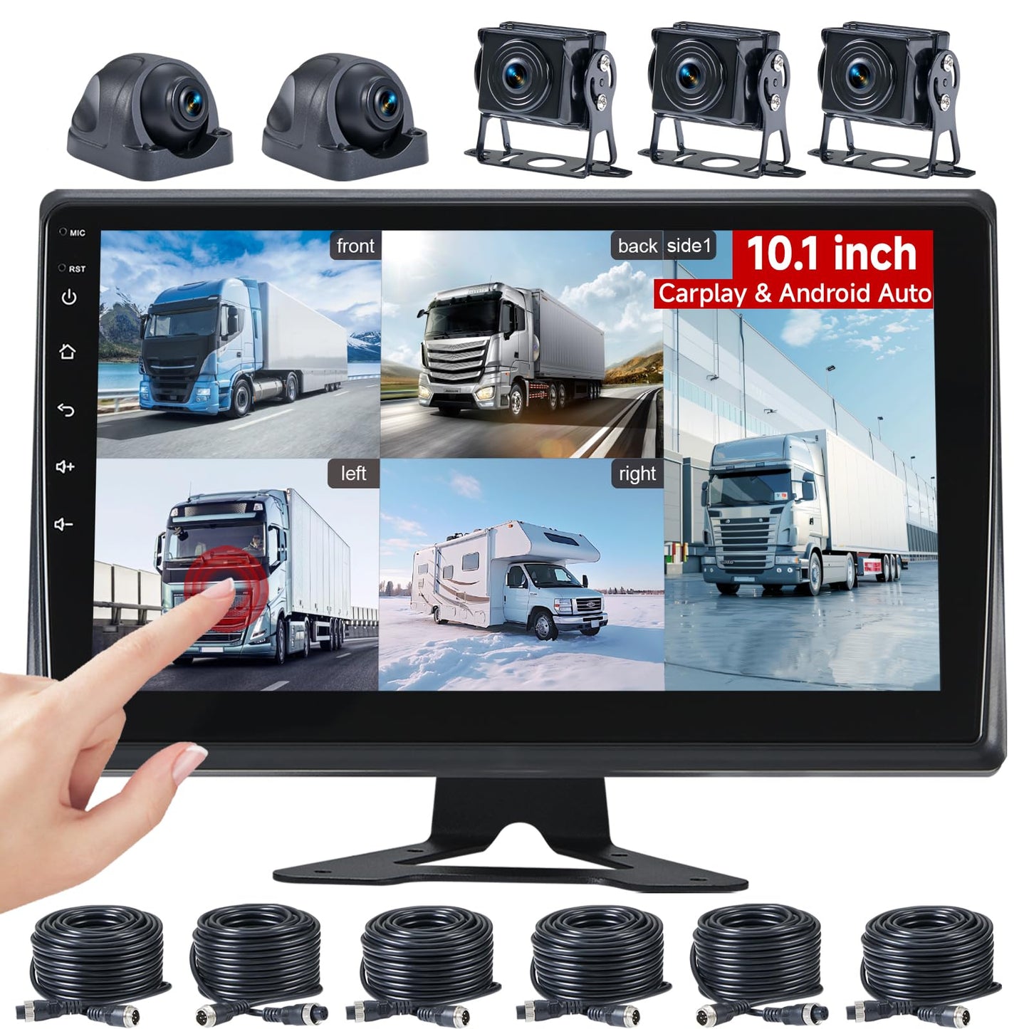Venluna RV Backup Camera System with Carplay, Wired Security 1080P Cameras with 10.1 inch Android Auto 6 CH Touch Screen, GPS Navigation Loop Recording DVR for RV Semi Truck Trailer Camper