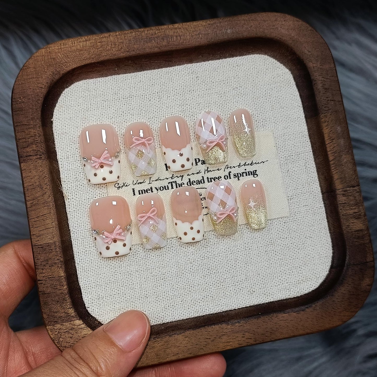 TENPAL 10Pcs Y2K Short Medium Coffin Press On Nails With Tools Kit,Light Pink Cat Eye French Fake Nails with Dot Bow Plaid Pattern,K-Beauty Acrylic Glue on Nails for Wedding Party Daily Wear(S)