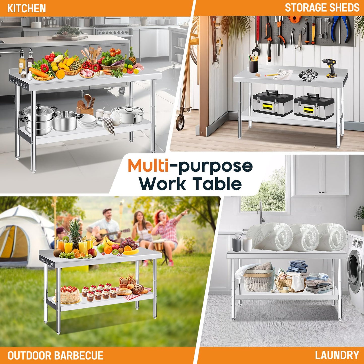 Jocisland 24" x 60" Stainless Steel Table for Prep & Work, NSF Certified with Backsplash, Adjustable Under Shelf & Safe Design for Restaurant, Home and Outdoor