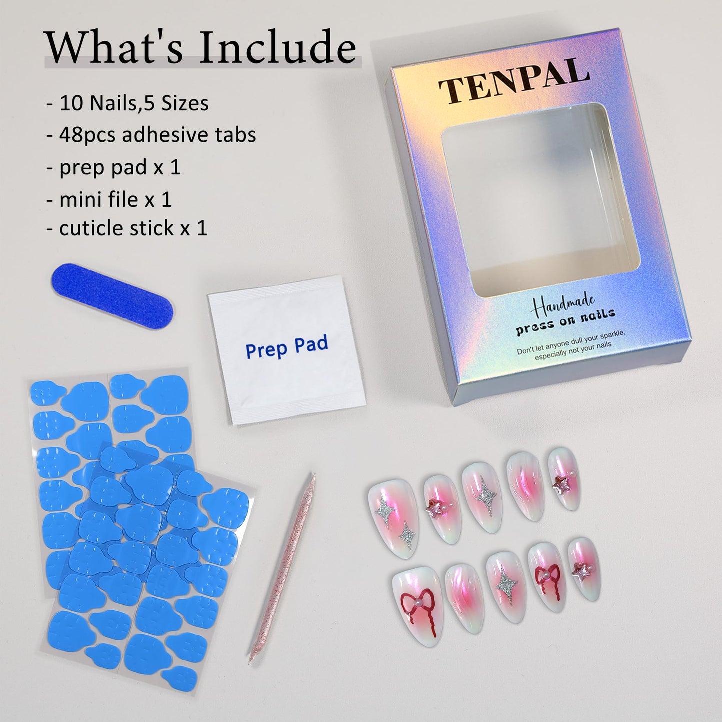 TENPAL Handmade Aurora Pink Press On Nails Medium Almond-Acrylic Glossy Y2k Sweet Cool Soft Gel Fake Nails For Women Girls,Reusable Star Bow Pattern Glue On Nails With Charms 10pcs/Box Kits (XS)