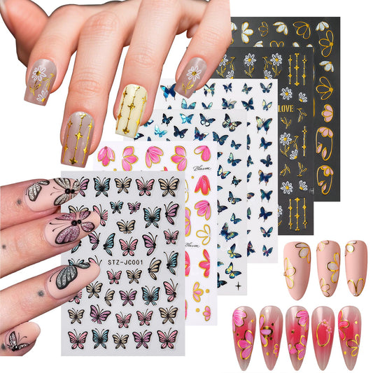 6 Sheets Flower Nail Stickers for Nail Art Spring Nail Decals 5D Self-Adhesive Glitter Butterfly Nail Design Summer Nails Supplies for Women Girls DIY Nail Art Decor
