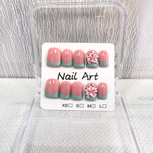 Square Short Press on Nails Handmade Fake Nails Green French Tip with 3D Flower Designs luxury Glossy Cute Acrylic Nails for Women 10pcs (Size M）