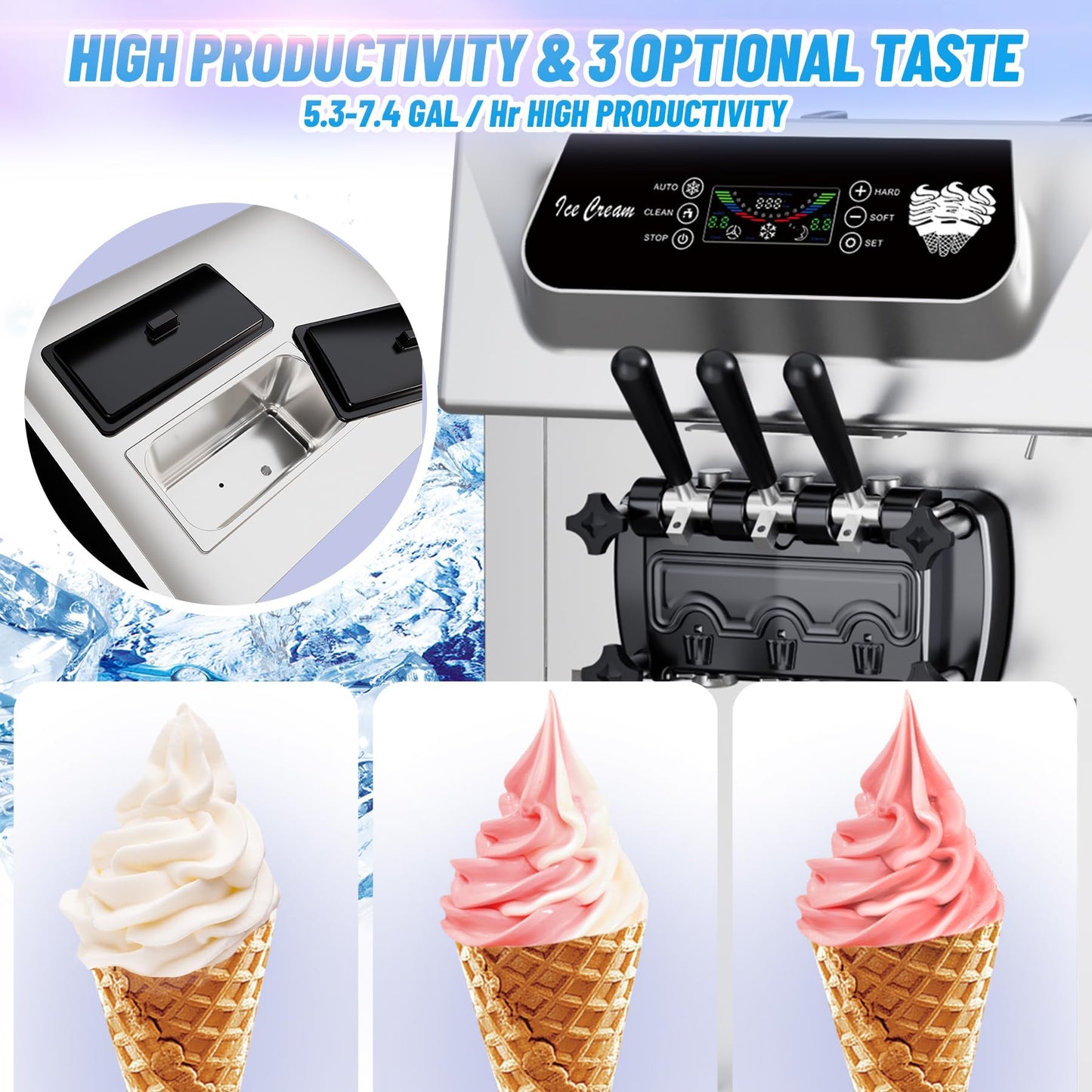 Commercial Ice Cream Machine 1+2 Flavor 2200W, 5.8-8 Gal/Hr Yield Vertical Soft Serve Ice Cream Machine With 2x7L Hopper 3 Dispensers, Auto Clean, LCD Display, for Restaurant Snack Bars Commerical Use