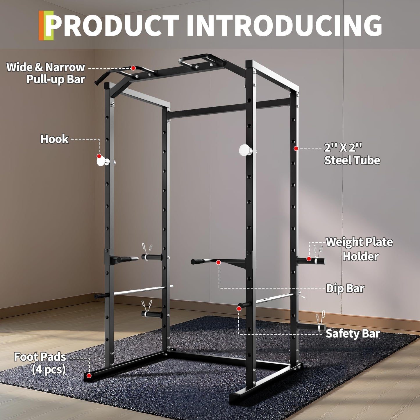 ExploreHorizon Heavy Duty Squat Rack Power Cage, Strength Training Power Cages for Home Gym, 1100 LB Capacity Power Rack with Pull-Up Bar, Dip Bars, Adjustable Safety Spotters, J-Hooks, Plate Storage