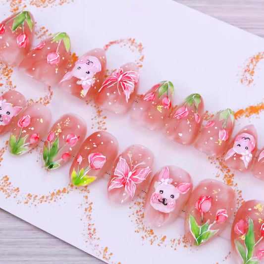BABALAL Press On Nails, Short Almond Fake Nails, Pink Blossom With Bunny & Floral, Cute Kawaii Spring Summer Glossy Glue On Nails For Women And Girls Kids 24Pcs