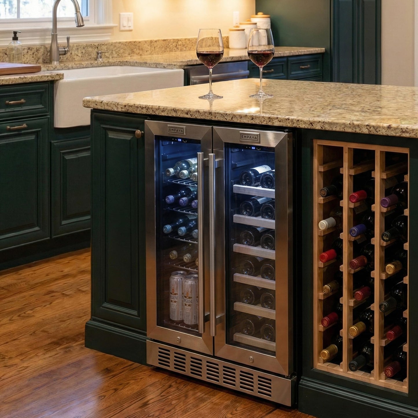 Empava 24 inch Dual Zone Beverage and Wine Cooler Refrigerator with Glass Door, Freestanding Drink Fridge with LED Light, Touch Control, 61 Cans Plus 17 Bottles Capacity
