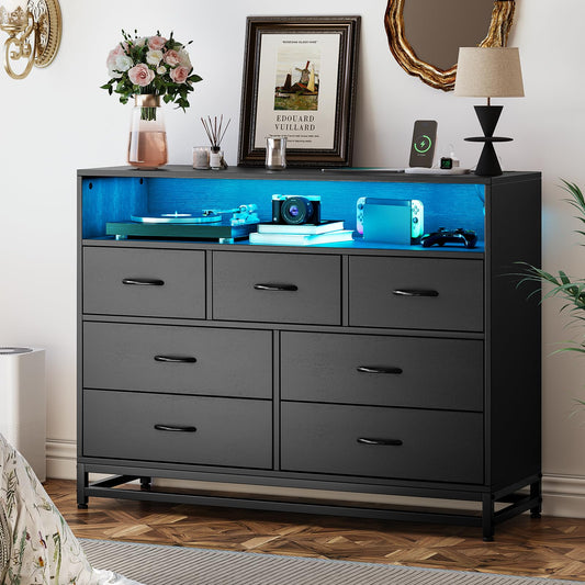 IDEALHOUSE Black 7-Drawer Dresser for Bedroom – Modern Long Dresser with Charging Station & LED Lights, Wooden Large Capacity Storage Chest, Wide Dresser for Living Room & Hallway