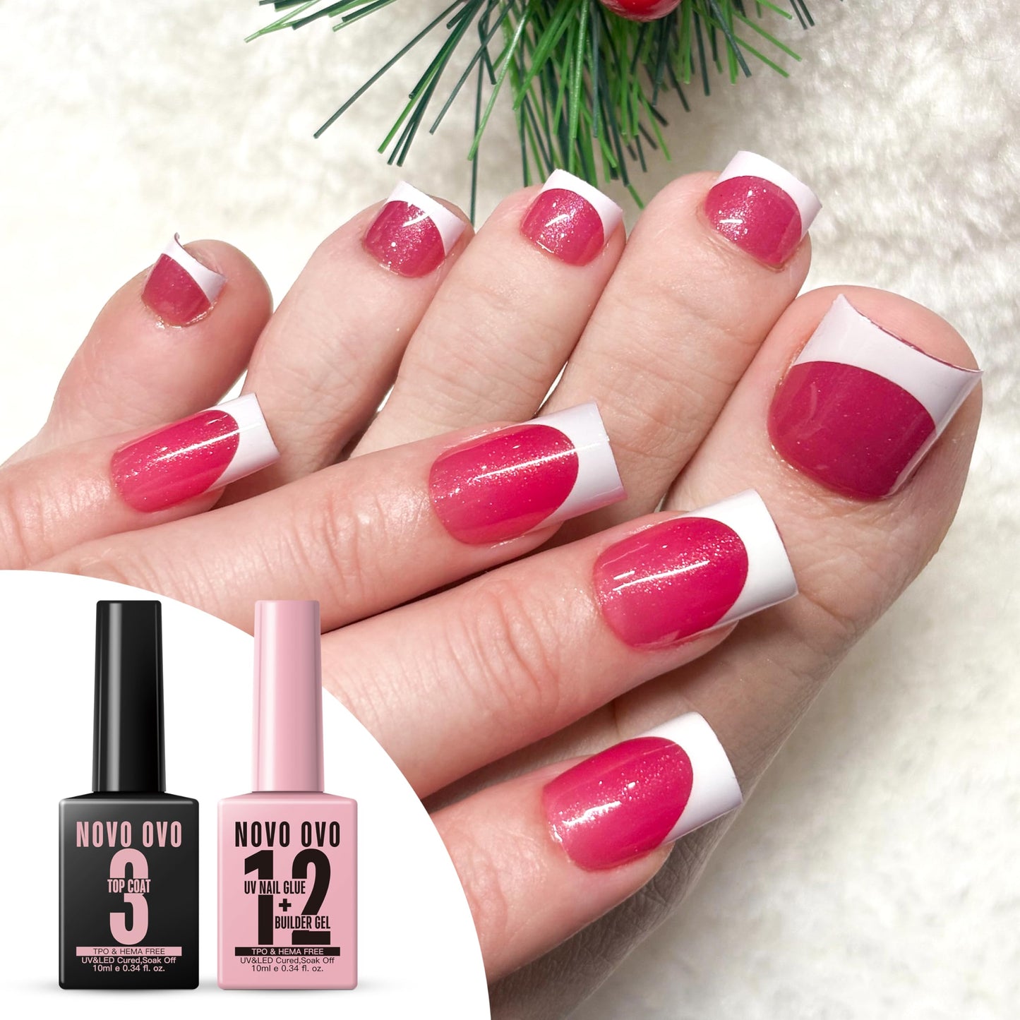 NOVO OVO UV Nail Glue and Builder Gel 2 in 1, No Wipe Top Coat Kit for Predesigned French Tip Nail Tips, HEMA TPO FREE, Super Strong Adhesive for Press on Acrylic Nails, Long Lasting, Easy to Use