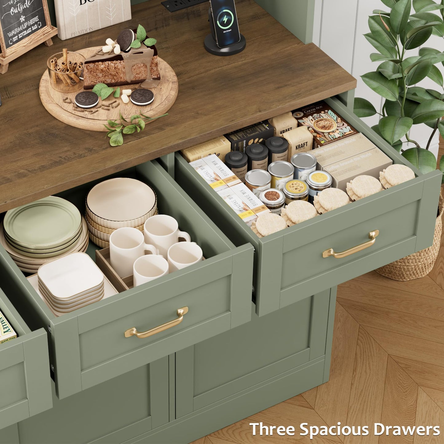 HOSTACK 72" Tall Kitchen Pantry Cabinet with Charing Station | LED Lights, 47" W Kitchen Pantry Storage Cabinet with Countertop, Modern Kitchens Hutch Cabinets with Storage for Dining Room, Green