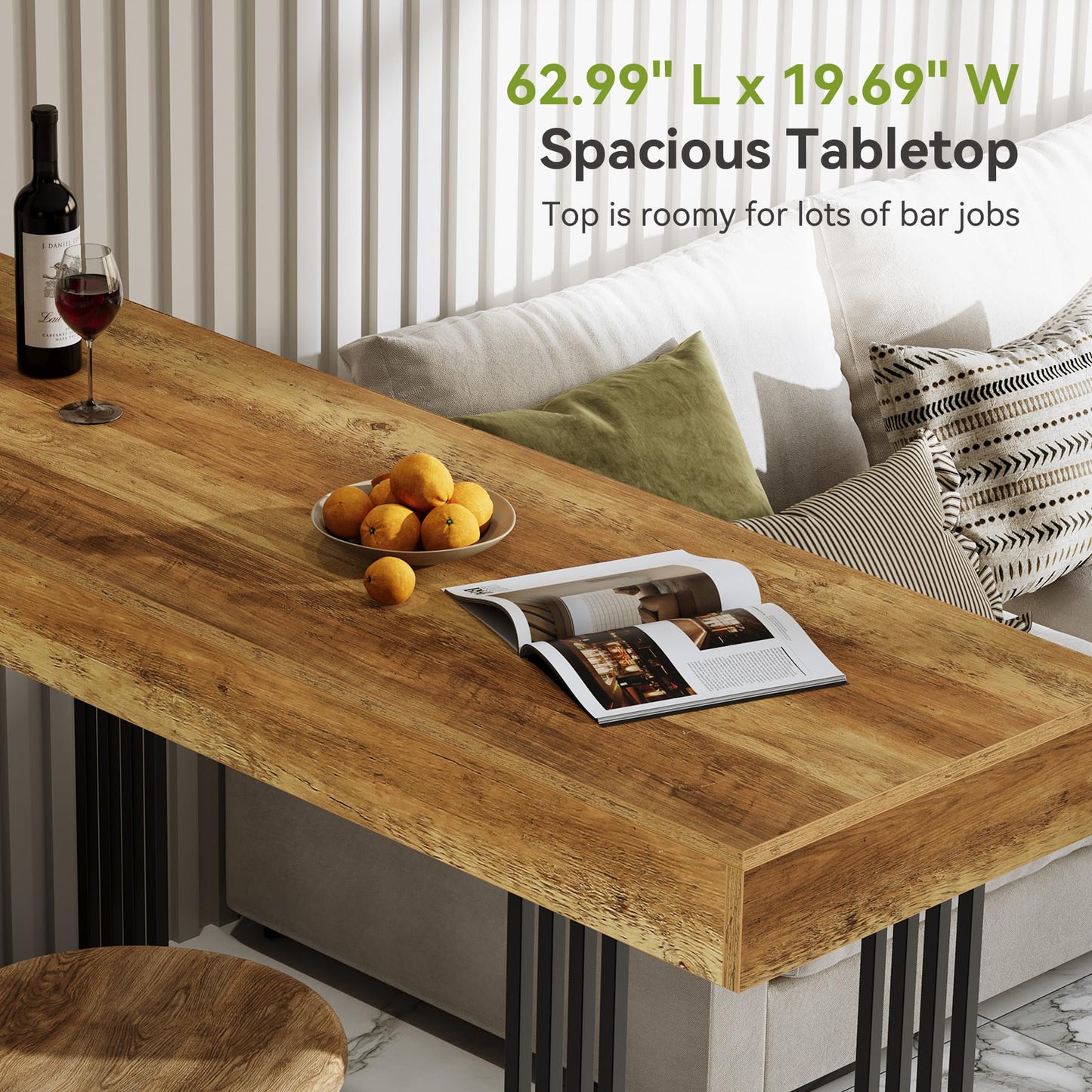 LITTLE TREE 63" Bar Table, Bar Height Table with 39.37" High Metal Frame, Industrial Counter Height Table for Coffee Shop, Bistro, Living Room (No Chair)