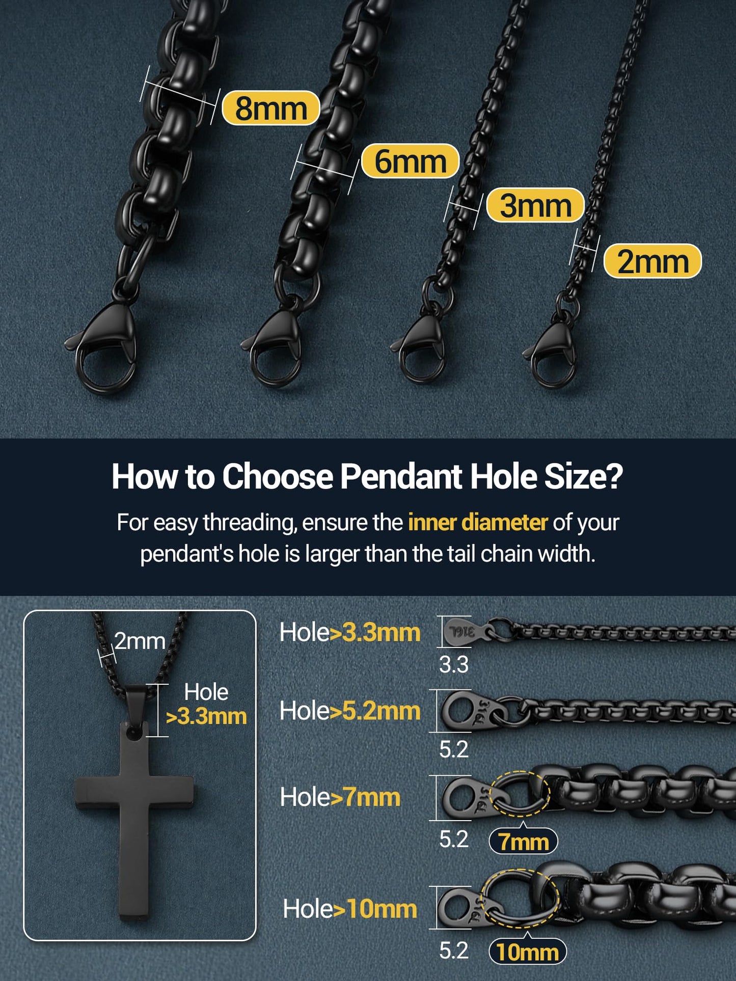 PROSTEEL Mens Chain Necklace, Squre Rolo Link Chains Black Chunky Stainless Steel Necklace 8mm Waterproof & Durable Men and Women Jewelry with Gift Box 30in