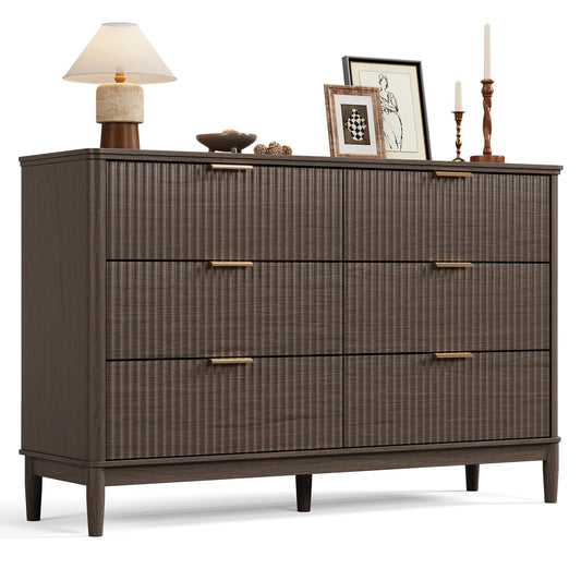 LINSY Fluted Dresser for Bedroom with 6 Drawers, Mid Century Modern Chest of Drawers with Gold Metal Handles, Wide Boho Wood Dressers, Large Farmhouse Storage Cabinet for Bedroom, Living Room, Walnut