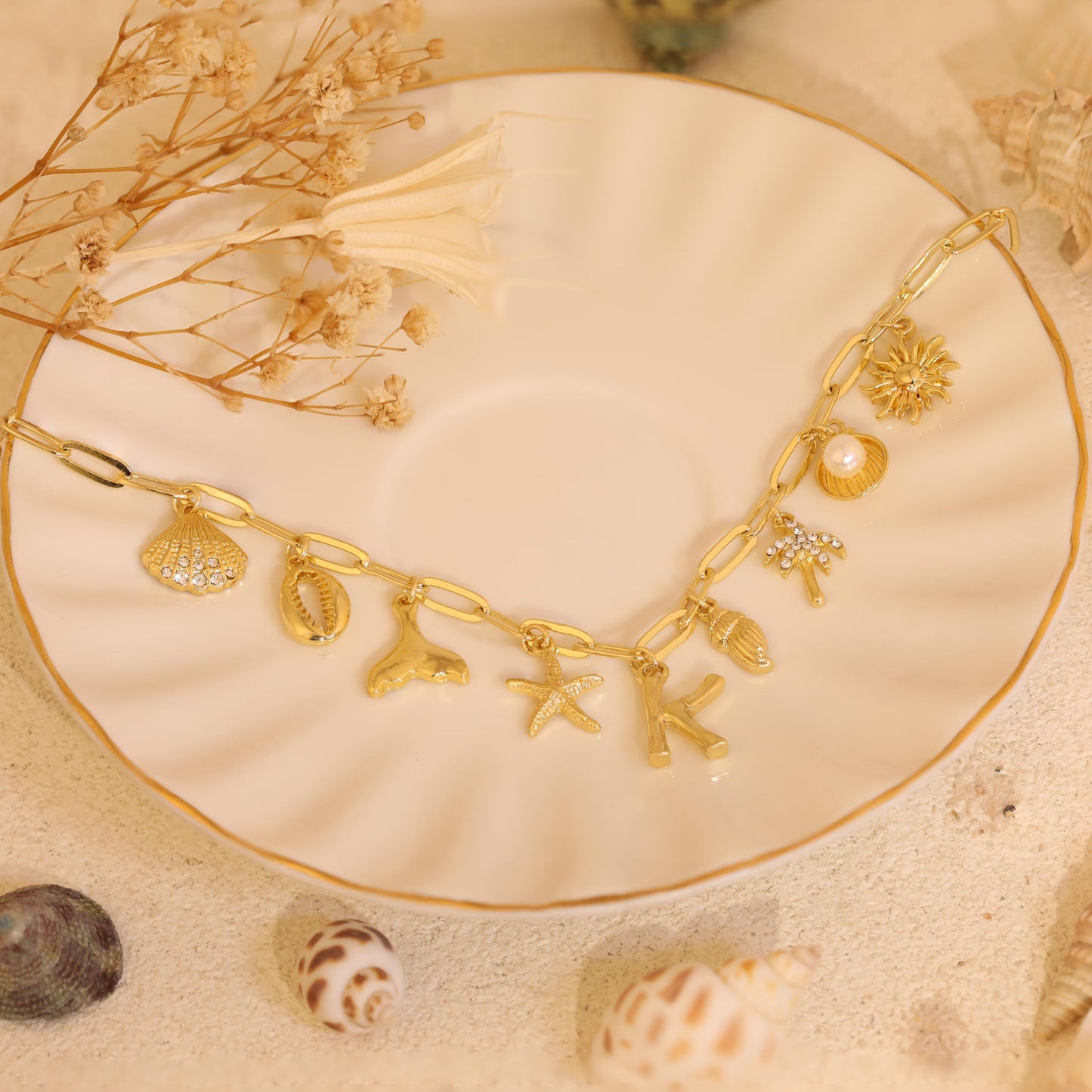 JALZEMPL Initial Charm Necklaces For Women Shell Letter Paperclip Chain Seashell Starfish Beach Summer Pendant Boho Surfer 14K Gold Plated Jewelry Gift (G)