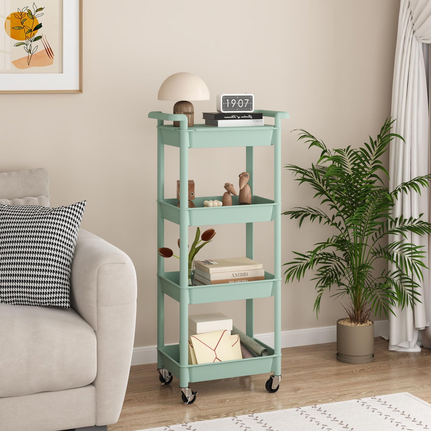 MIOCASA Utility Rolling Cart with Detachable Tray Top, 4-Tier Kitchen Storage Organization, Art Cart with Wheels for Office, Classroom, Livingroom, Kitchen, Bathroom (Green, 4-Tier-Plastic)
