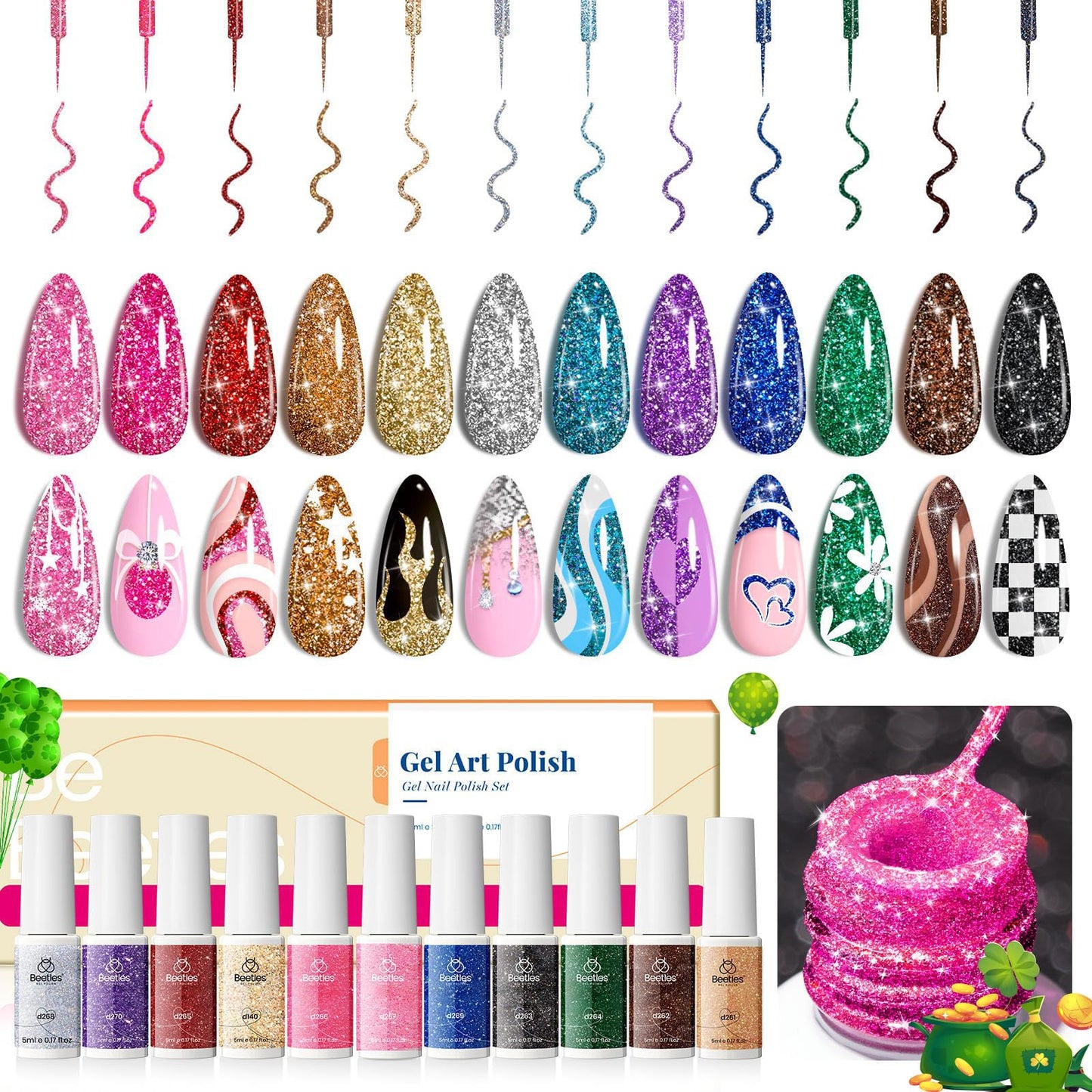 Beetles Nail Art Gel Liner Polish 12 Colors Reflective Glitter Gel Nail Polish, Gold Silver Pink Blue Purple Brown Black Kit Soak Off Uv Nail Art Design Set Summer Manicure Gifts for Women