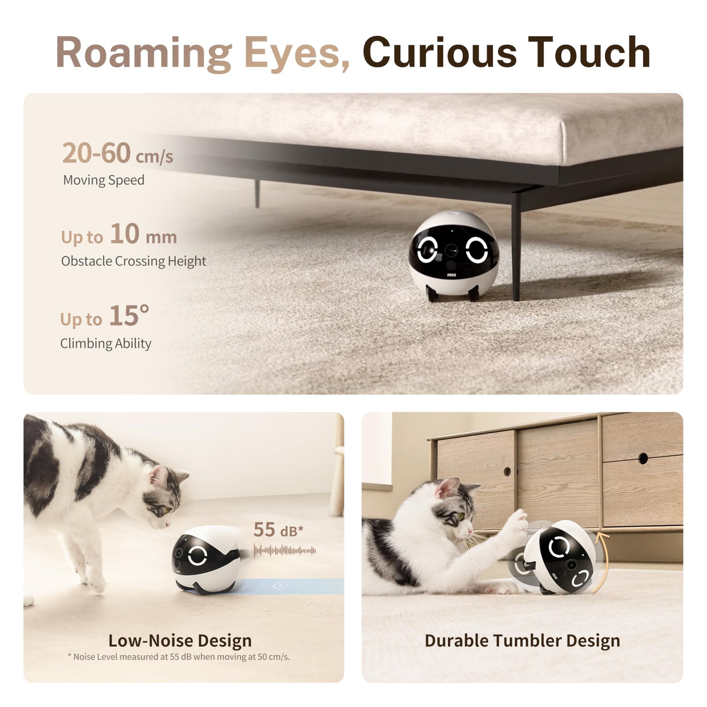 Enabot EBO ROLA Mini FamilyBot 2K Pet Camera Robot: Movable Indoor Camera Battery-Powered with Phone App, One-Touch Call, 2-Way Talk, Night Vision, Motion Detection, Video Recording