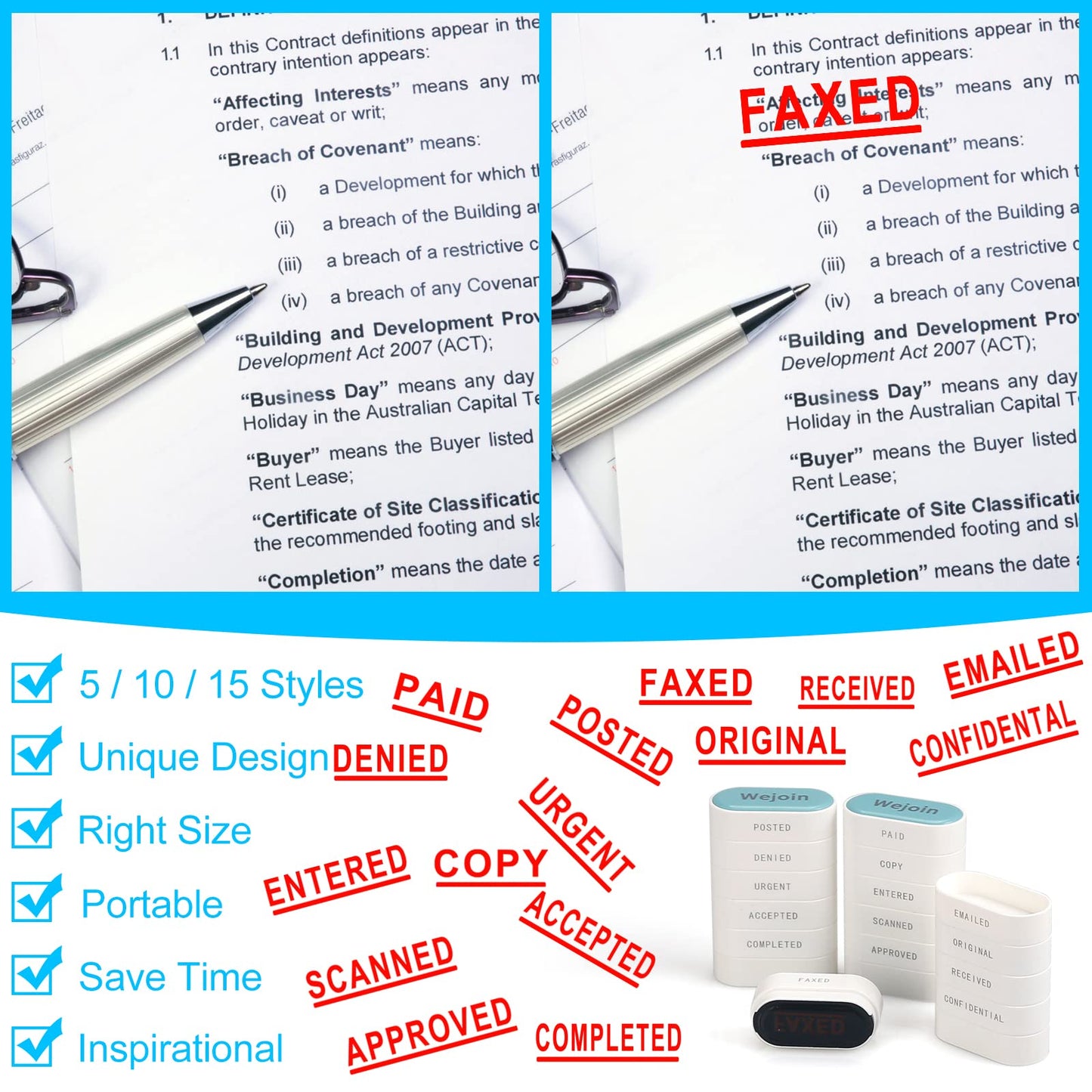 WEJOIN Office Self-Inking Stamp Set for Business Accounting - Pre-Inked Rubber Stamps With 'Posted Denied Urgent Accepted Completed FAXED EMAILED Original Received Confidential'