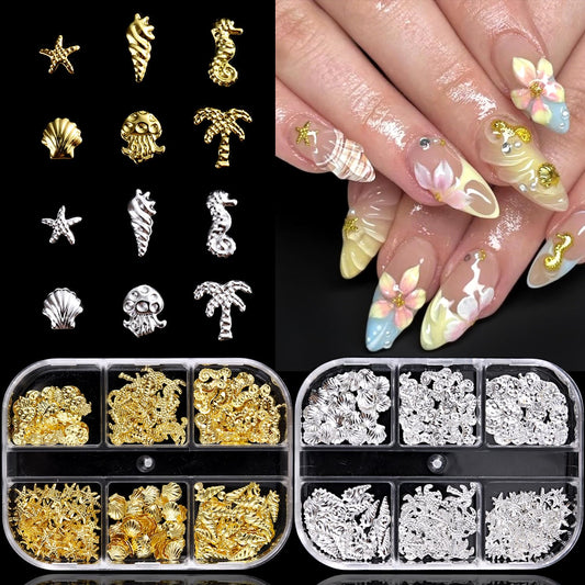 Furtherpretty 3D Beach Nail Charms Set, 2 Boxes Gold & Silver Seashell Nail Charms, Summer Ocean Starfish Jellyfish Palm Tree Nail Art Accessories Decoration with Tweezers, concha nácar para uñas