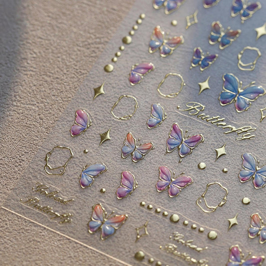 5D Embossed Blue Butterfly Nail Stickers Gold Star Nail Art Stickers Purple Butterfly Nail Decals Self-Adhesive Spring Sticker Summer Nail Supplies for Women Girls DIY Manicure