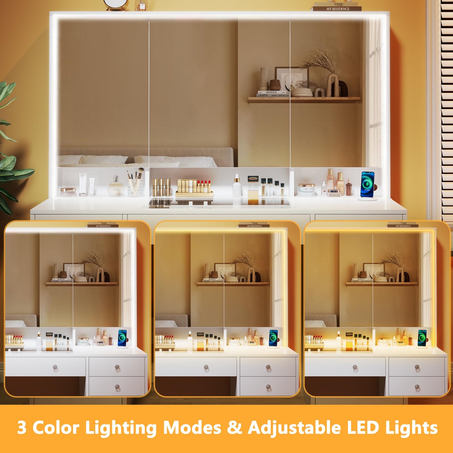 HUAHUU 50'' Glass Top Makeup Vanity with 11 Drawers, White Vanity Desk with Large LED Mirror & Lights, Built-in Charging Station & 3 Light Modes, Brightness Adjustable, 8 Hidden Shelves, White