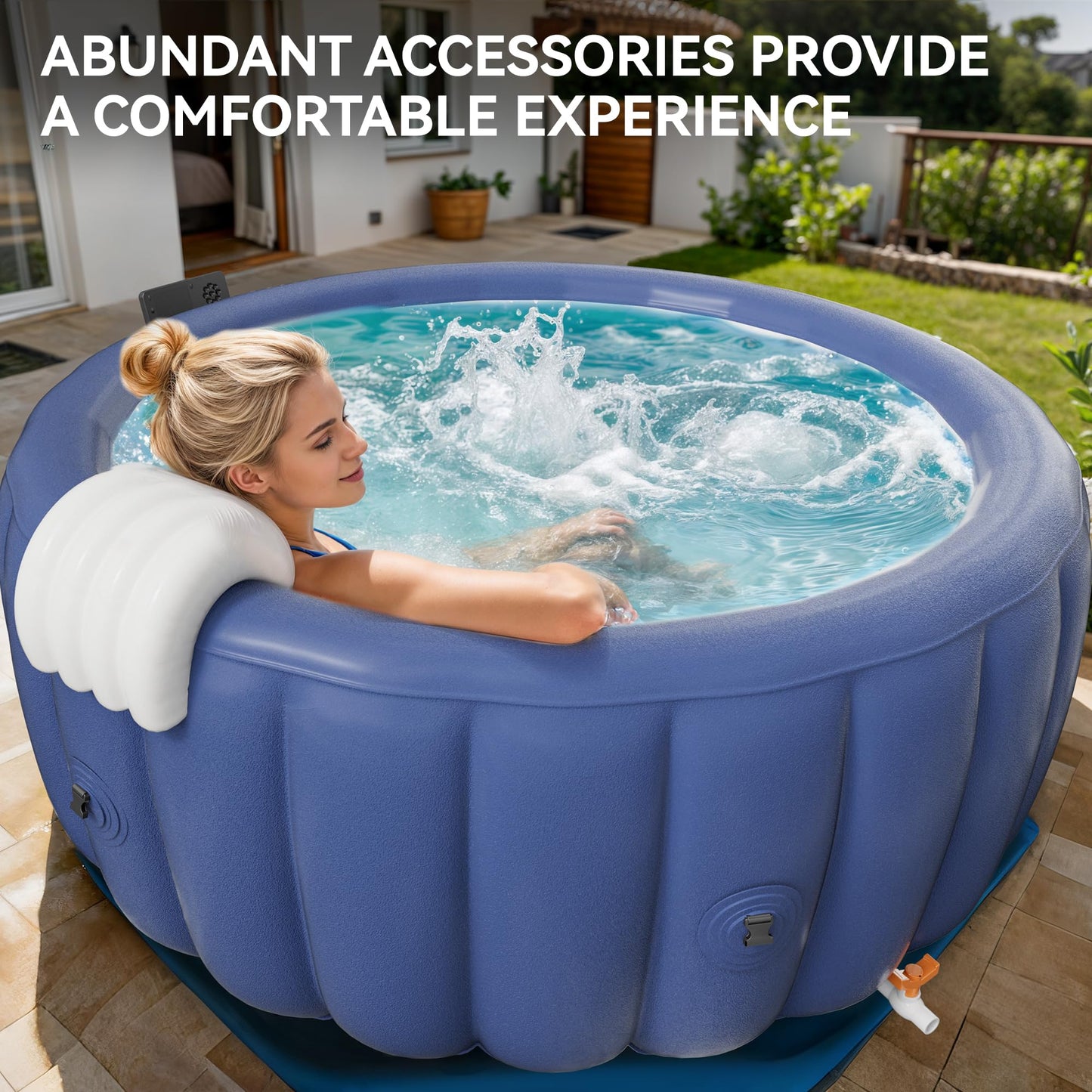 Blue 73"x28" Inflatable Hot Tub for 2-4 Persons | Portable Outdoor Spa with 146 Adjustable Bubble Jets, LED Mood Lights, Smart Touch Panel, Cover & Accessories (2 Headrests, Cup Holder)