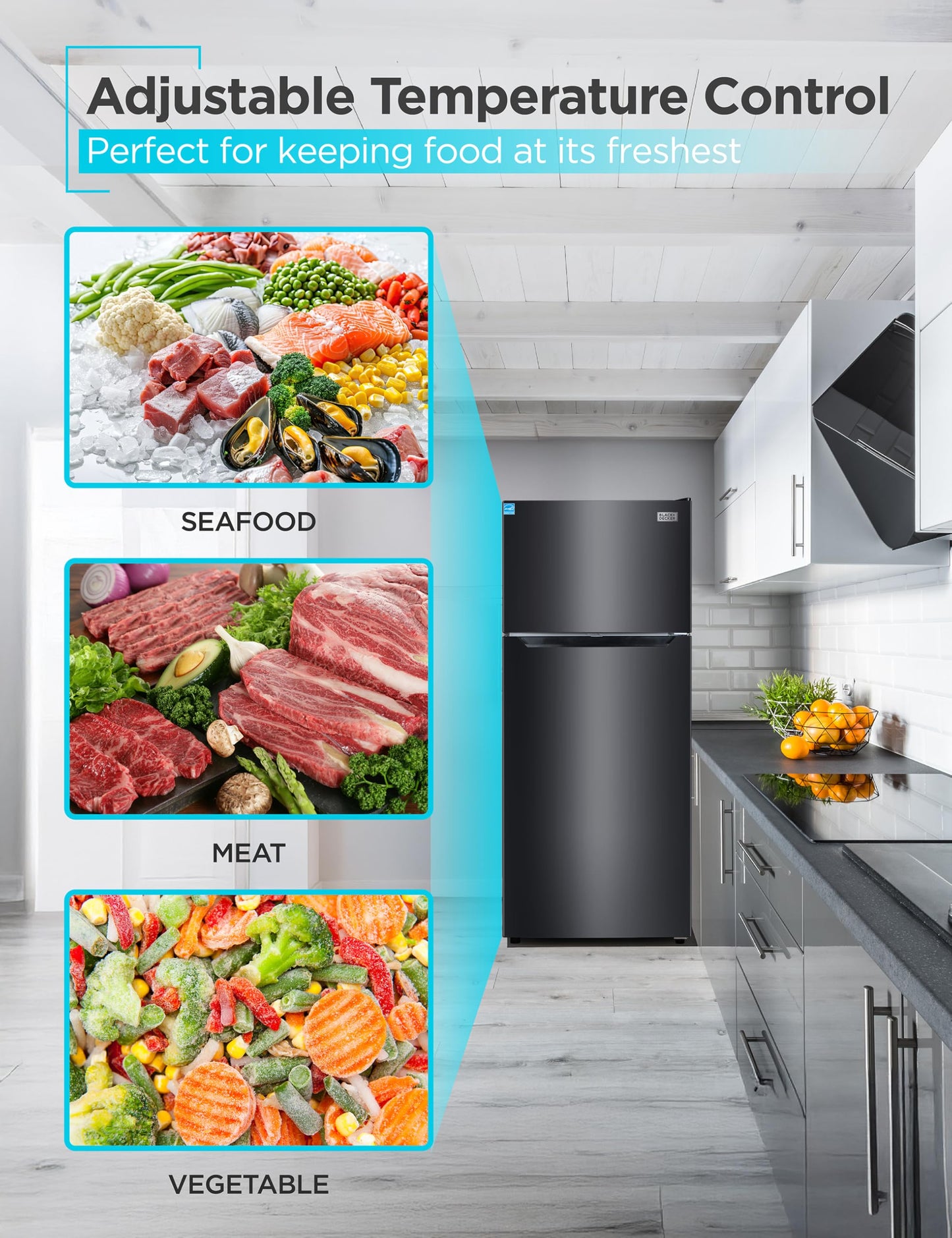 BLACK+DECKER 14.6 Cu. Ft. Top Mount Refrigerator with Freezer, 2 Door Refrigerator with Top Freezer and Adjustable Temperature Control, ENERGY STAR, BR1460HB, Black