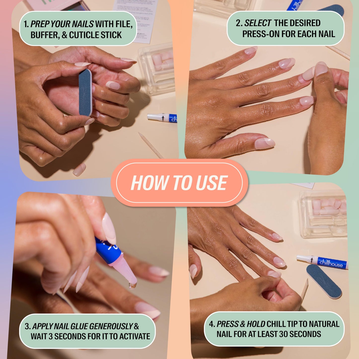 Chillhouse Chill Tips Signatures Press On Nails Kit, Girl with a Plan - 30 Nail Shapes & Sizes, Dual-Sided Buffer & File, Cuticle Stick & Glue - Long-Lasting Nail Art Manicures