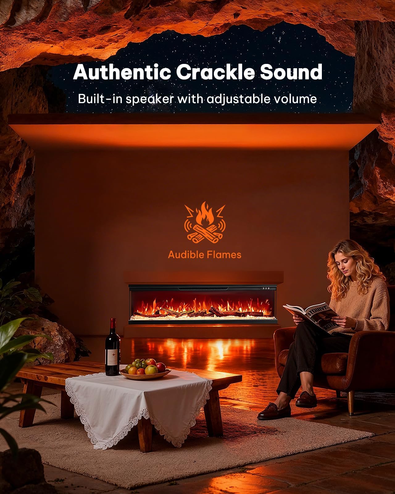 Silonn 3-Sided Smart 50" Electric Fireplace, Alexa & App Control Fireplace with 15 Flame Colors, Electric Fireplace Inserts Logs, 5110 BTU Heat Output, Realistic Flame and Sound