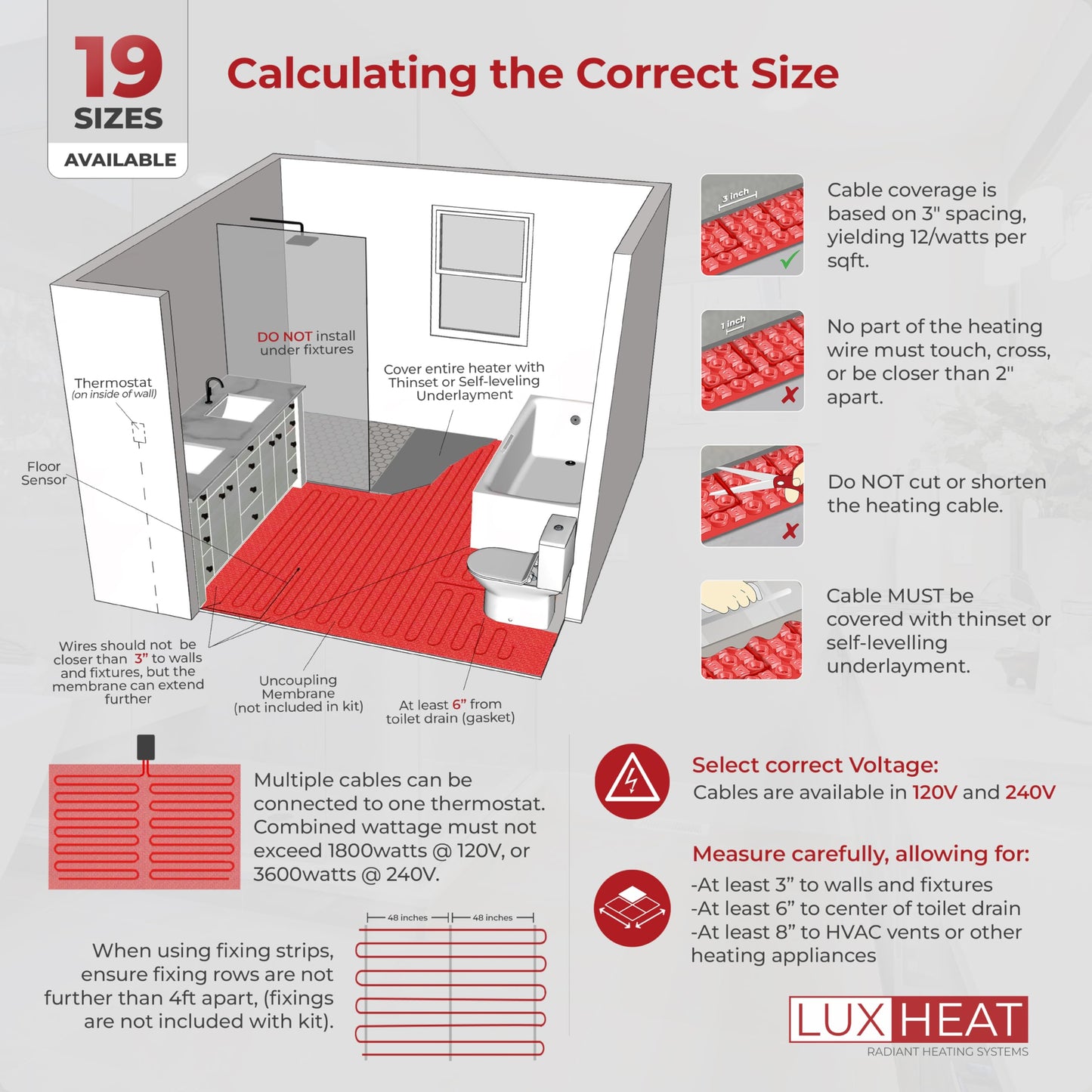 LuxHeat 100sqft Floor Heating Cable Kit - 120v Tile, Vinyl, Laminate Flooring Heating System - Heated Flooring System Includes UDG4 Programmable Thermostat w/GFCI, Heat Cable, Alarm & Floor Sensor