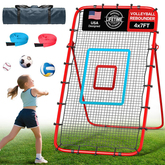 Volleyball Rebounder Net 7x4 Ft, 5-Angle Adjustable Rebounder Net for Practicing Digging, Setting, Spiking, Bounce Back Training Equipment with 2 Target Stripes & Portable Travel Bag for Storage