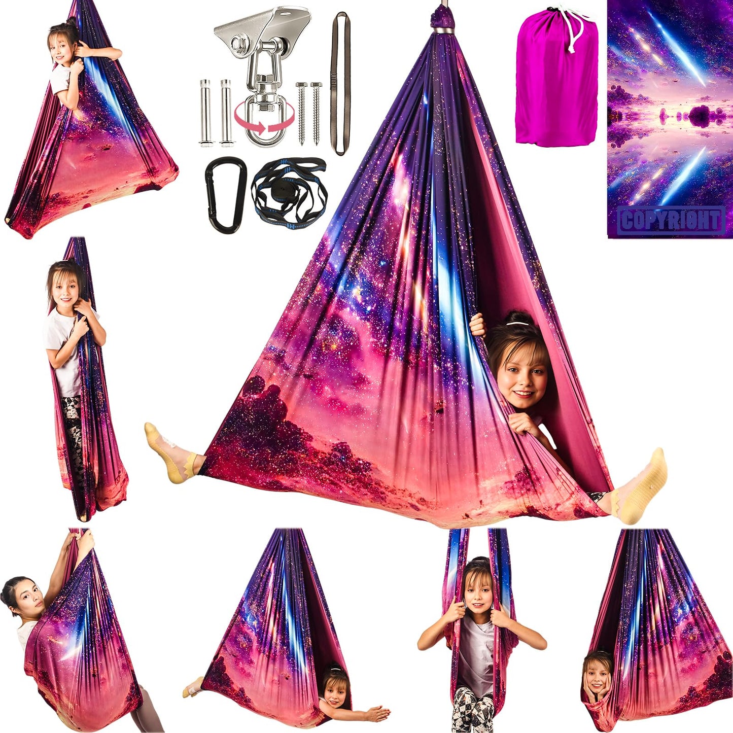 HiCamer Double Layer Sensory Swing for Kids & Adults Holds up to 300lbs Indoor and Outdoor Therapy Cuddle Swing with 360° Swivel Hanger Kit Adjustable with Aspergers Autism ADHD (Fantasy Pink)