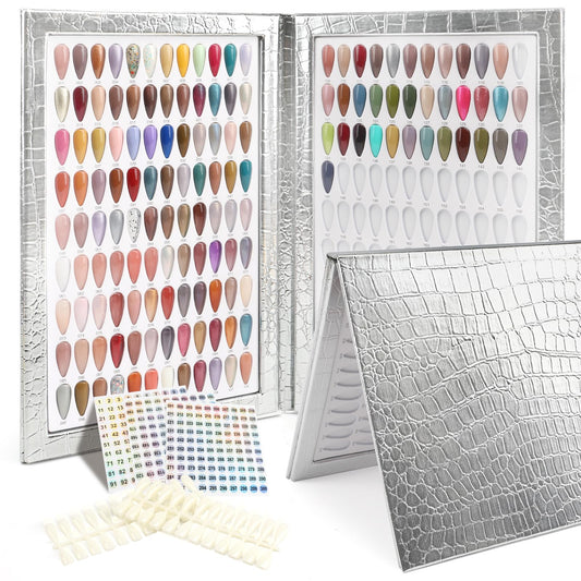 YINGJEE 216 Nail Colors Book, Nail Display Chart Book with 240 Nail Tips & 1-300 Number Labels, Professional Nail Color Swatches Book for Nail Polish UV Gel Salon (Silver, Size 01)