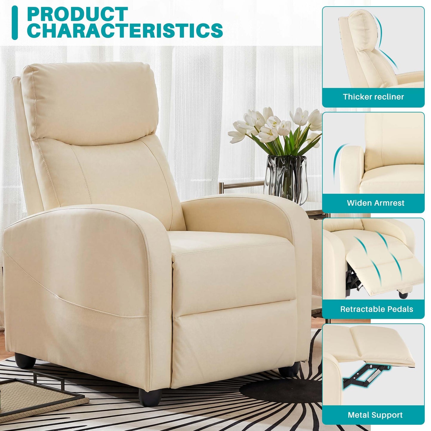 Sweetcrispy Massage Recliner Chair for Adults, Adjustable Home Theater Seating with Lumbar Support for Living Room, Modern Fabric Reclining, Beige