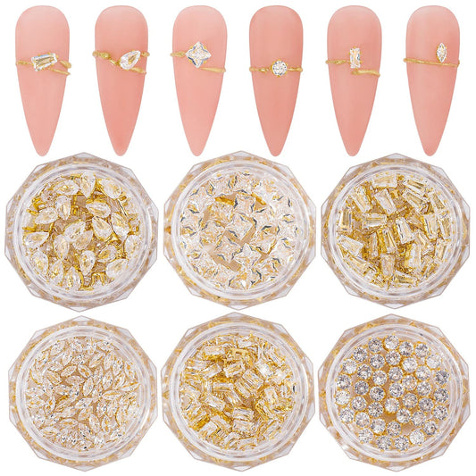 HNUIX 3D Nail Charms and Gems - 120Pcs Copper Metal Zircon, Gold Multiple Shape Smal Crystals Rhinestones, Nail Decorations Accessories for Nails Design