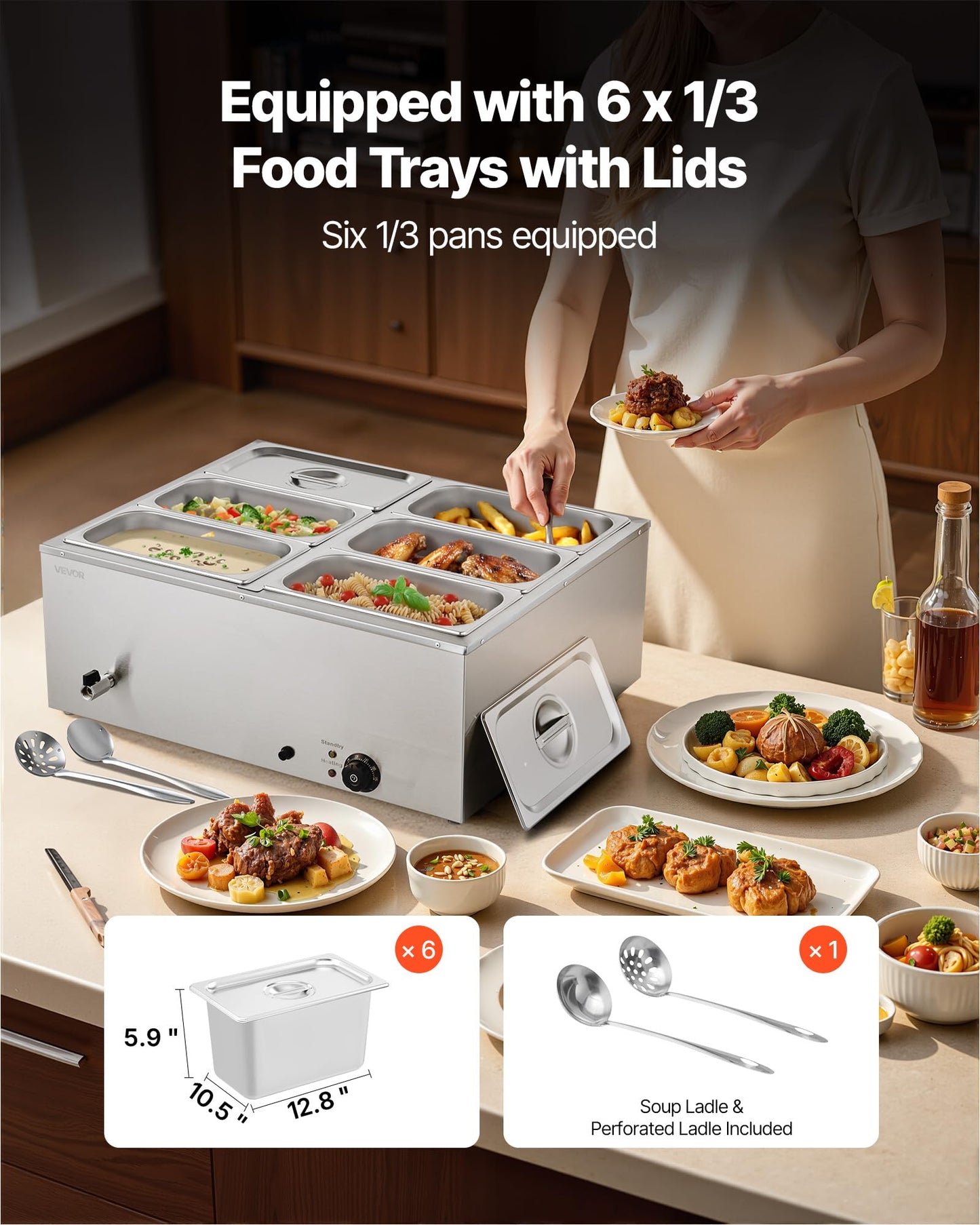 VEVOR Commercial Food Warmer, 1500W Electric Stainless Steel Steam Food Warmer with Lid, 6-Pan Fast Heating Countertop Buffet Bain Marie with Soup & Perforated Ladles, for Catering, Restaurant, Party