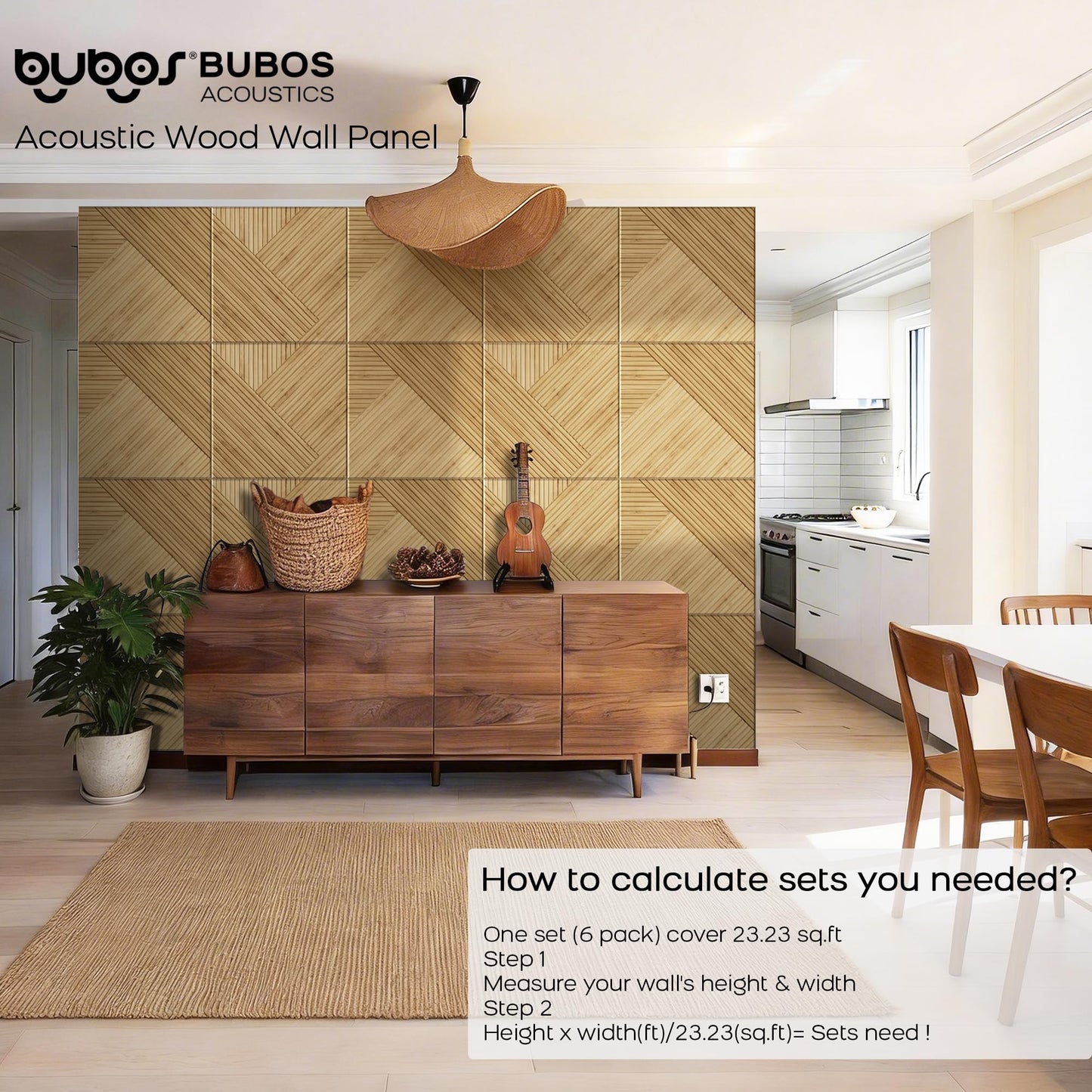 BUBOS 6 Pack Acoustic Wall Panels - High-Density Polyester Sound Absorbing Panels, Decorative Wood Print Treatment for Recording Studio & Home Office, Peel and Stick, 23.6" x 23.6"