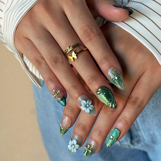 Green Leaf Fake Nails Press on Set, 10PCS with Floral Accents & Crystal Decorations, Includes Glue Tools Storage Box, Artistic Manicure Set for Special Events (green, S)