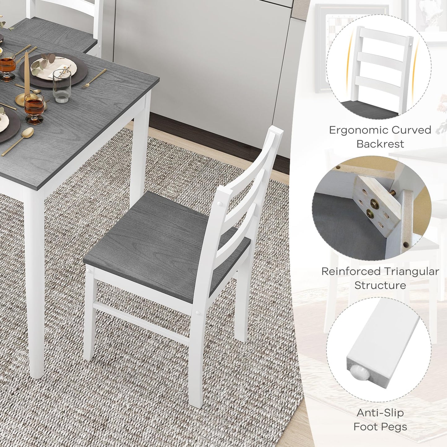 NAFORT 5 Piece Dining Table Set for 4, Farmhouse Solid Wood Kitchen Table Chairs Set of 4, Mid-Century Modern Dinette Set w/Rubber Wood Legs, Dining Room Table and 4 Chairs for Kitchen