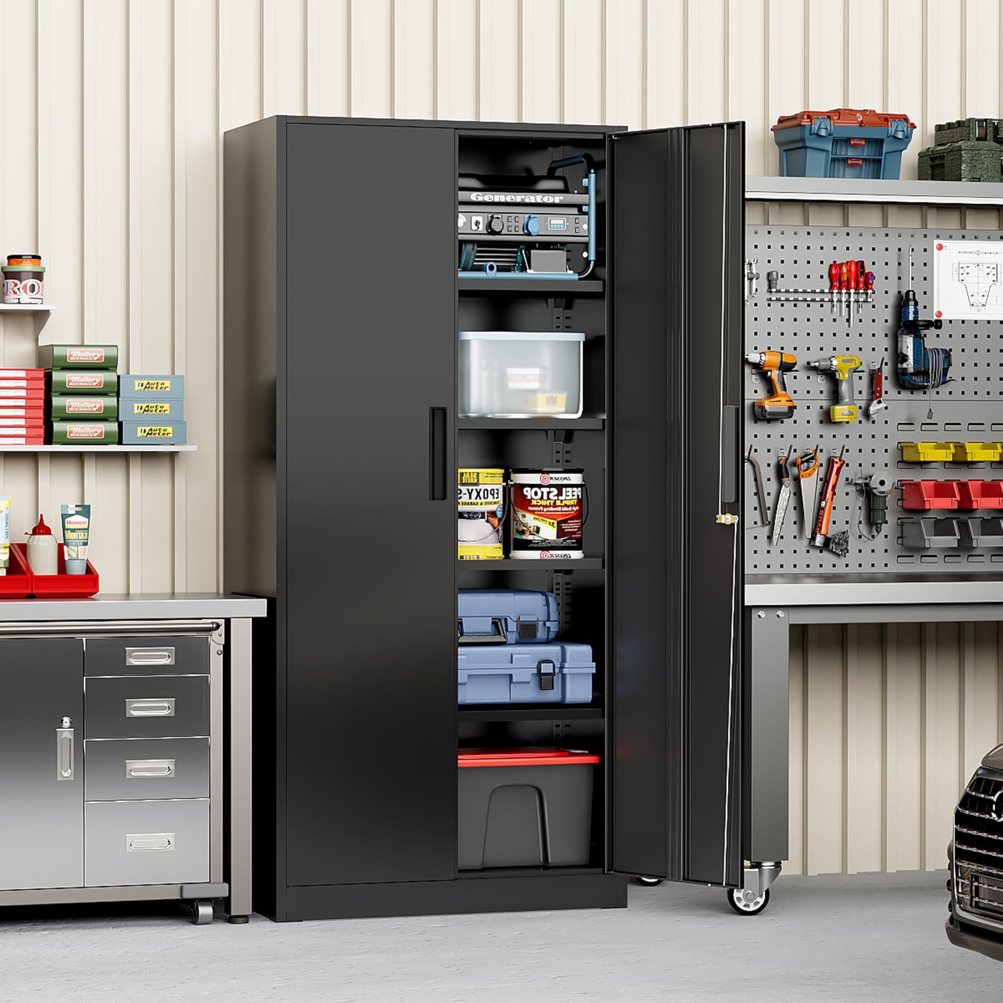 Greenvelly Metal Storage Cabinet, 72" Black Locking Metal Cabinet with 2 Doors and 4 Adjustable Shelves, Lockable Garage Storage Cabinets for Home Office, Garage, Kitchen, Living Room