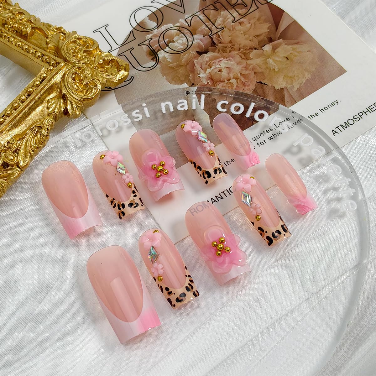 24Pcs 3D French Tip Press on Nails Long Square Flower Fake Nails with Rhinestones Design Pink False Nails Leopard Coffin Tip Stick on Nail Spring Summer Acrylic Nail Floral Glue on Nails for Women