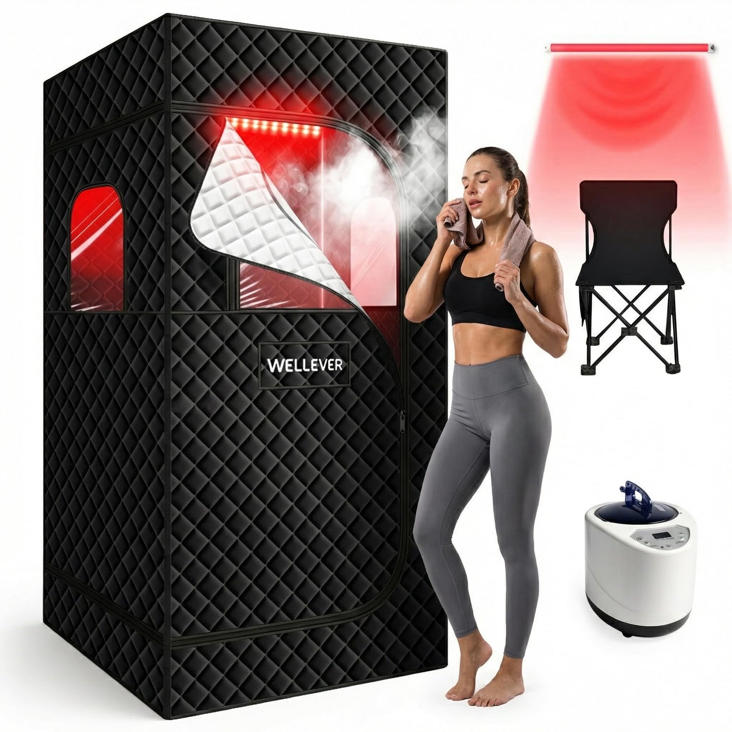 WELLEVER Upgraded Sauna Box, Infrared Sauna for Home, Portable Steam Sauna Tent with 1000W 2.5L Steamer Heater, Indoor Sauna Room for Relaxation, 2.6’ x 2.6’ x 5.9’