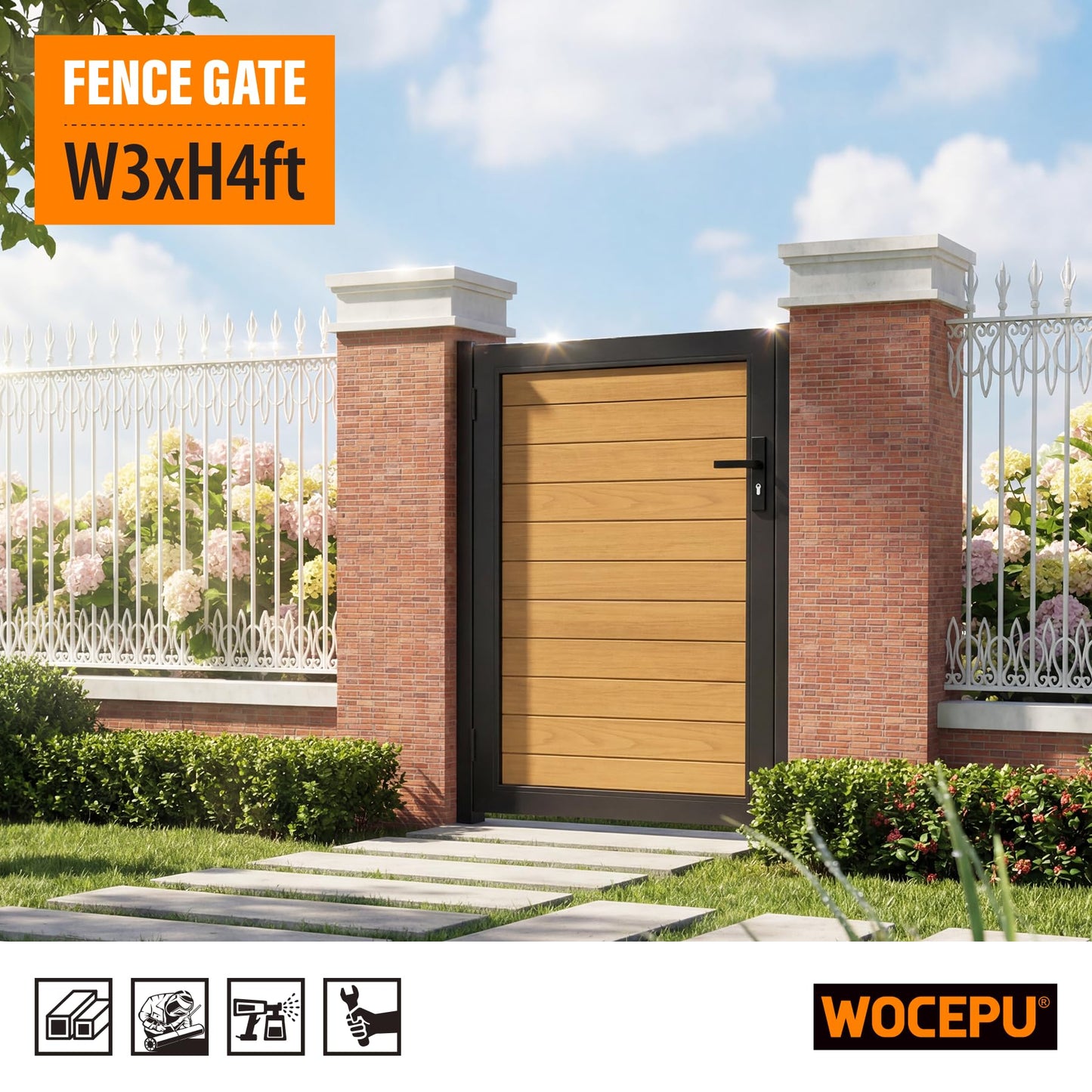 WOCEPU 4x5 FT (46.6"x58.4") Aluminum Fence Gate Kit, Heavy-Duty Wood Grain Aluminum Gate with Decorative Cutout, Lock & Hinges, Left/Right Opening, Weather-Resistant for Yard, Garden, Backyard