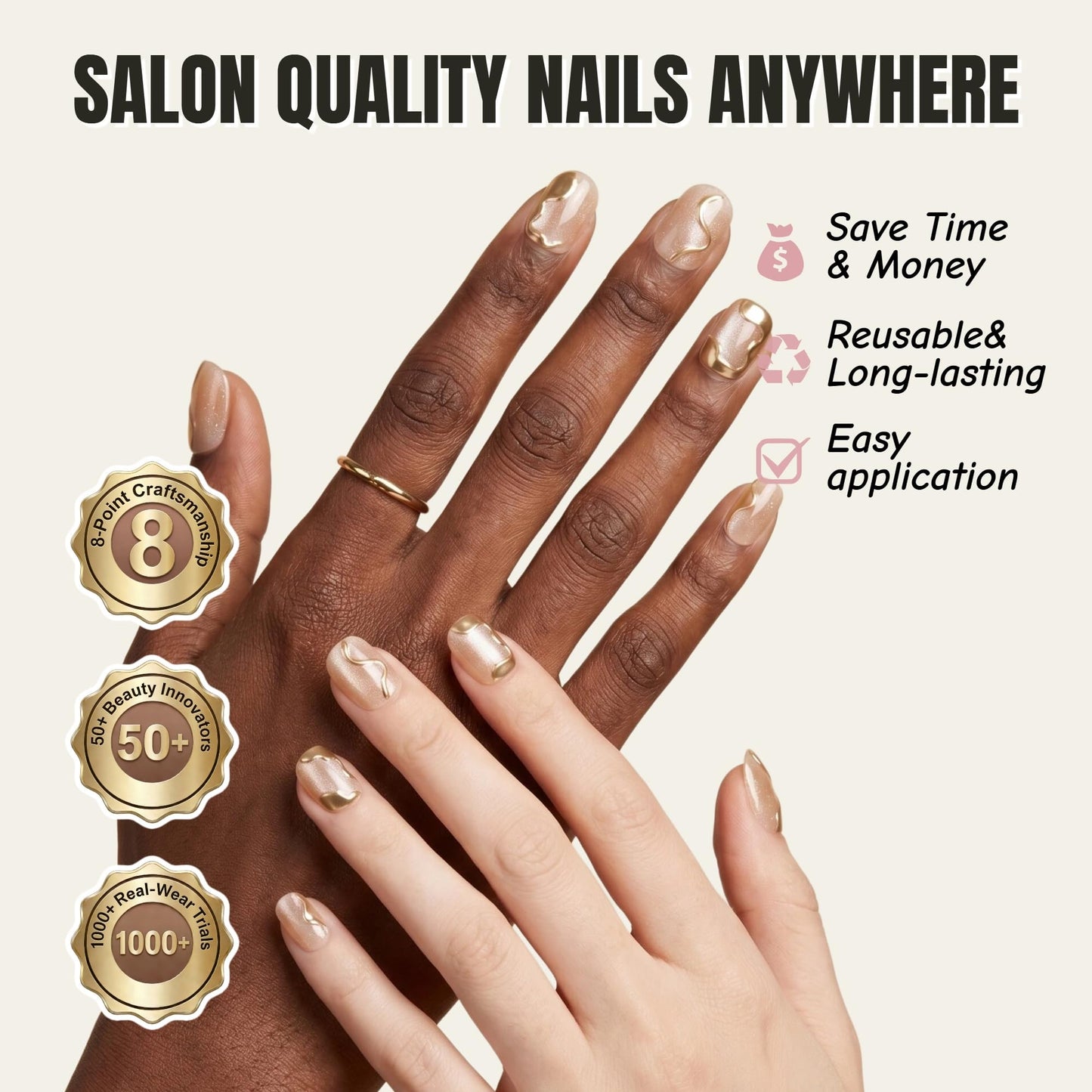 Glossy Nude Gold Swirl Press on Nails Short, Shimmer French False Nails with Metallic Wave Design, Elegant Cat Eye Nude for Women, Salon Style Reusable Acrylic Nails 24PCS