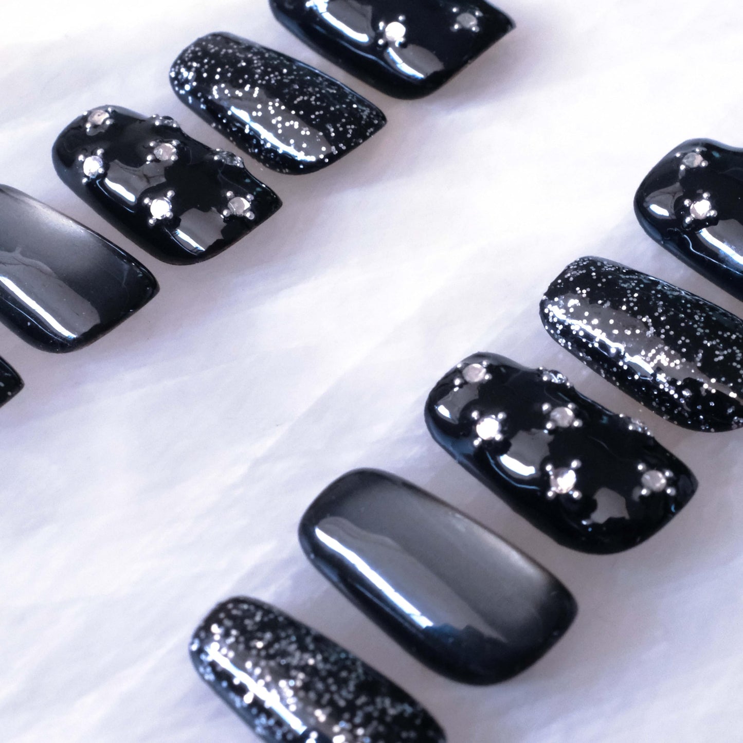 BlackStar - Handmade Press on Nails, Black Starry Sky with Cat Eye, Rhinestone Bling, Medium Ballerina Shape, 10 Pieces (Small Size, MB)