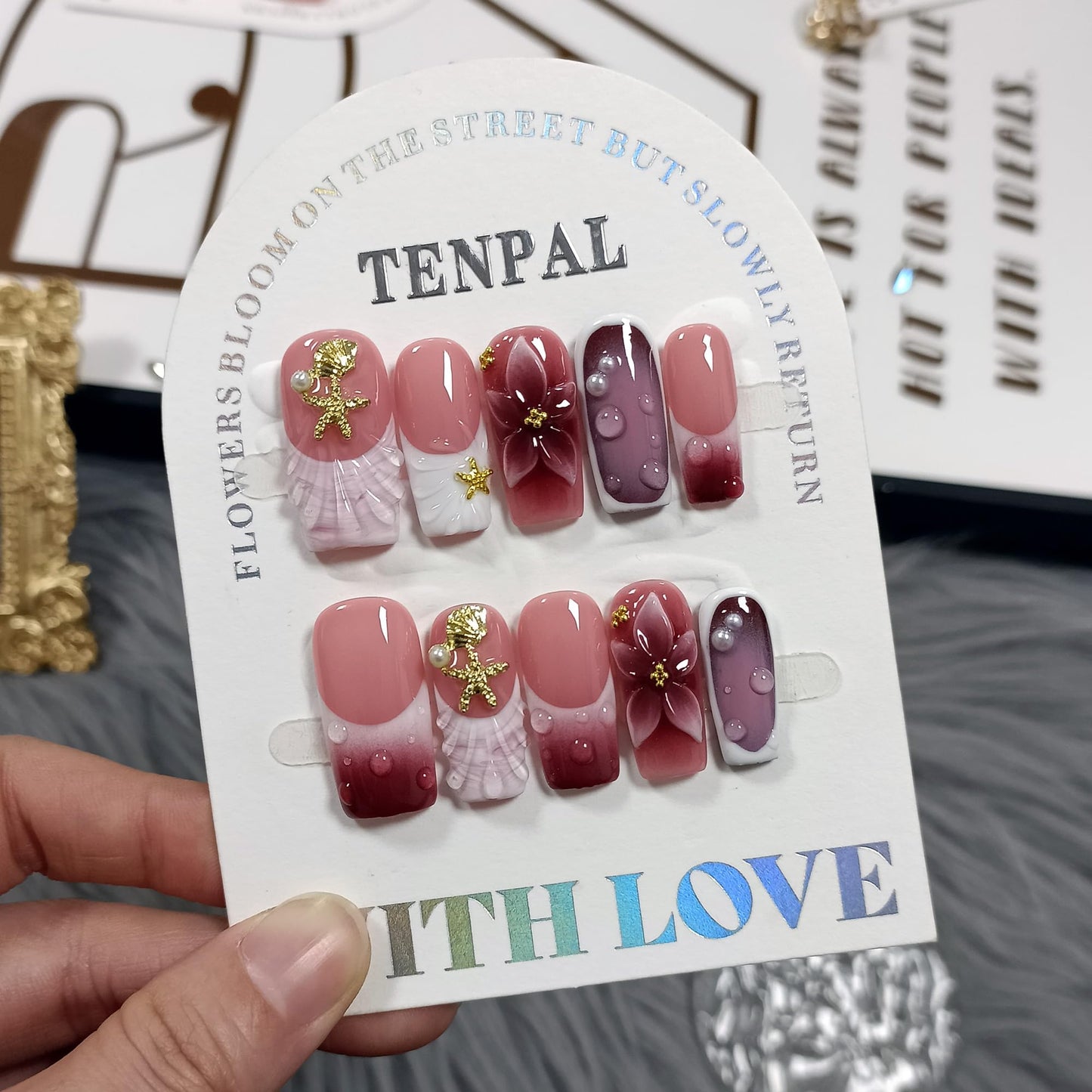 TENPAL Handmade Press on Nails Medium Coffin-Nude Pink Wine Ombre Fake Nails with 3D Teardrop Metal & Ocean Floral Design,Blushing Acrylic Glossy False Nails with Crystal Y2K Style For Women Girls(S)