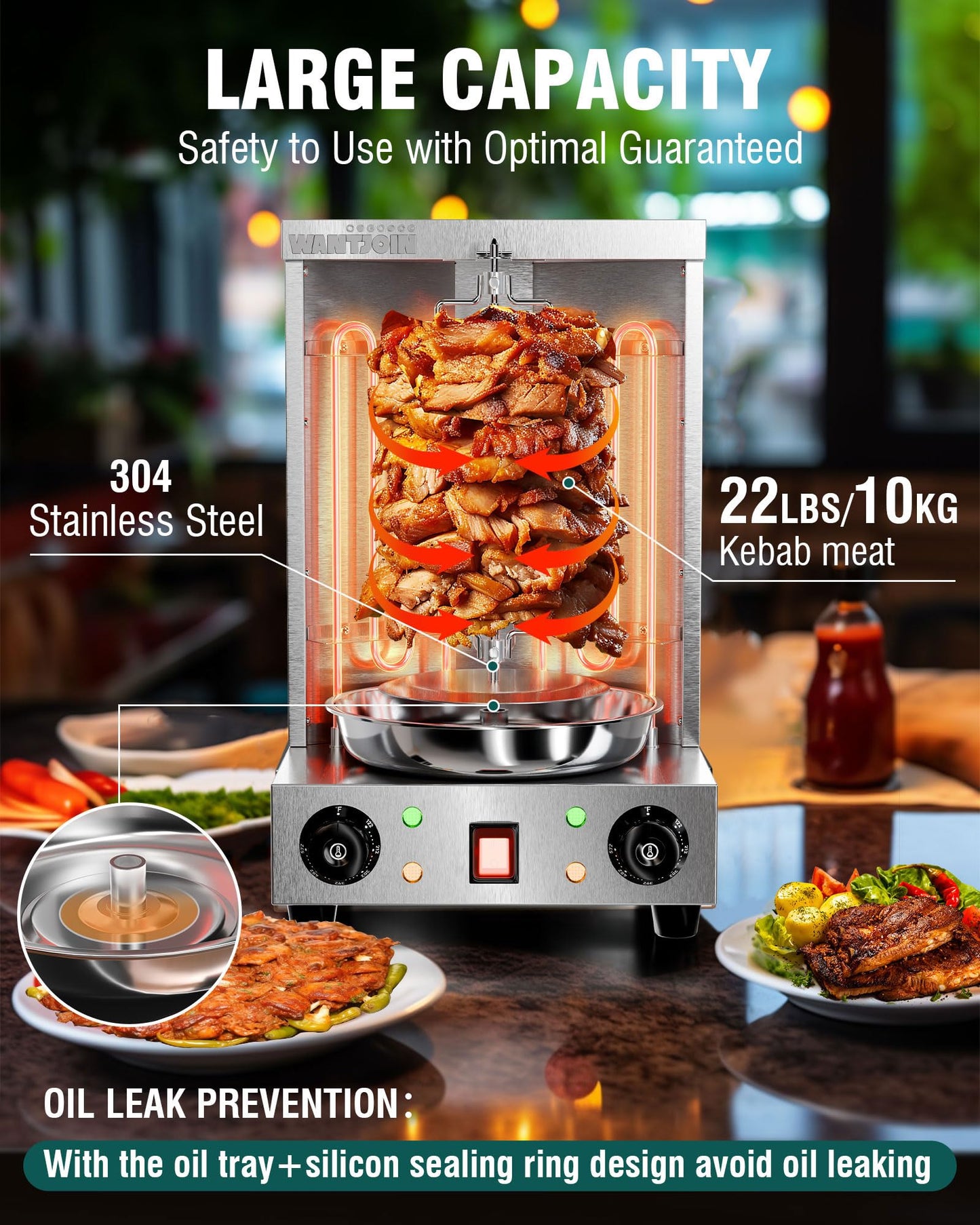 WantJoin Shawarma Grill Machine - 22 lbs Electric Vertical Rotisserie with 2 Burners and Shovel for Home, Stainless Steel Rotating Doner Kebab 122°F to 572°F Temp For Chicken, Beef, Gyro Meat, 2520W