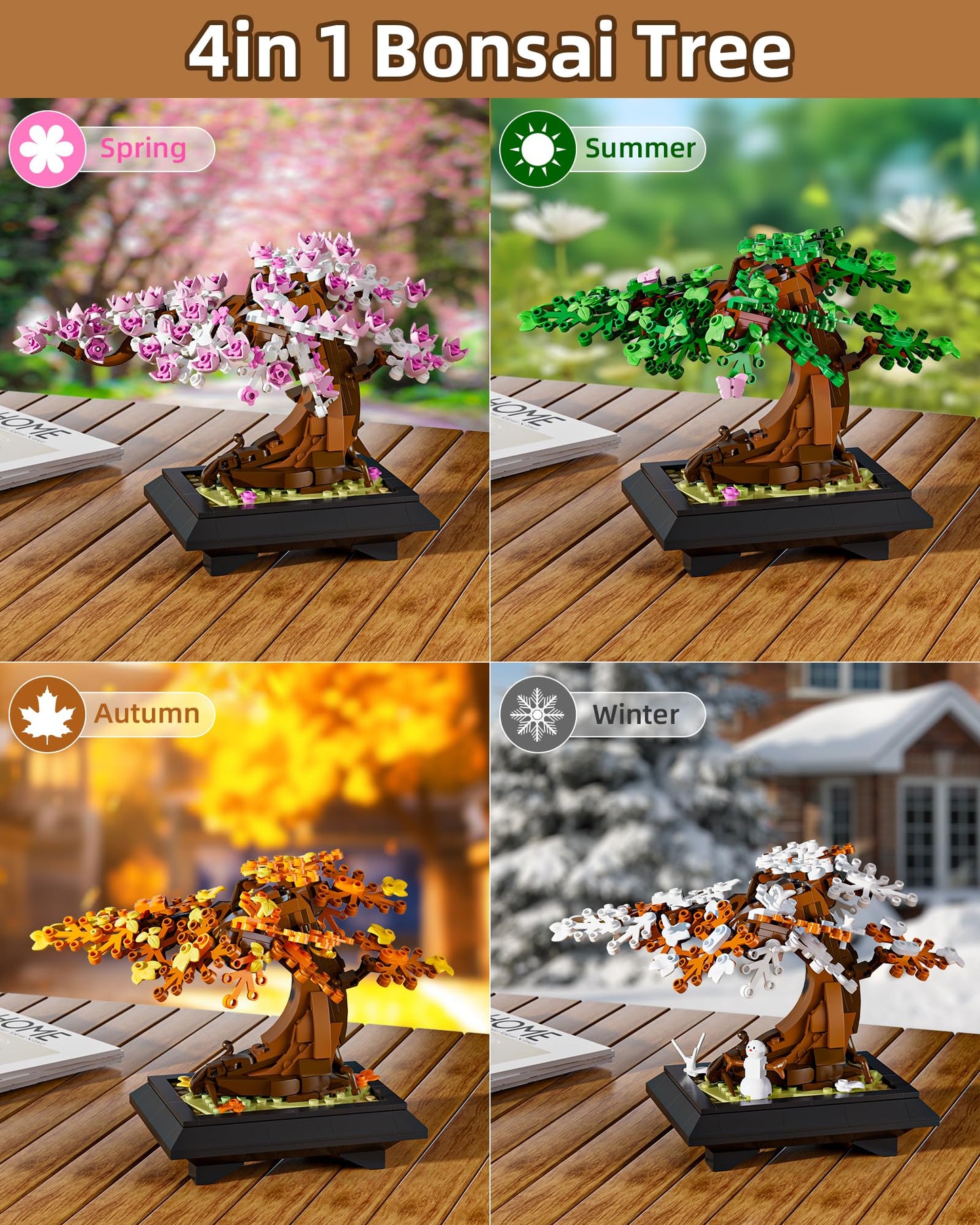 Muiurple 4 in 1 Bonsai Tree Building Set, Four Season Cherry Bonsai Tree Building Kit, Artificial Plant Decor for Home, Desk Greenery, Gift for Adults Girls, Boys and Mother's Day.