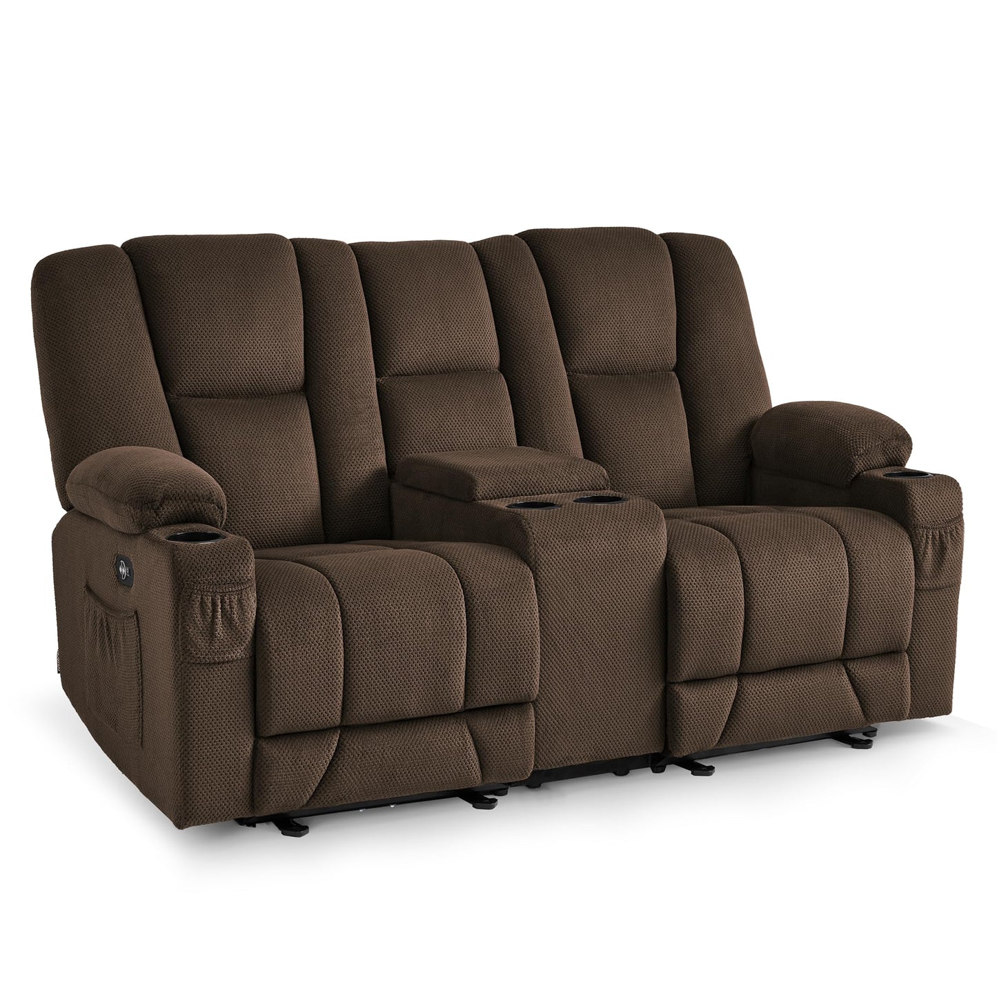 MCombo Zero Gravity Power Loveseat Sofa with Console, Heat and Massage, Reclining Loveseat for Living Room, Fabric 6035SET (Brown, Loveseat with Console)