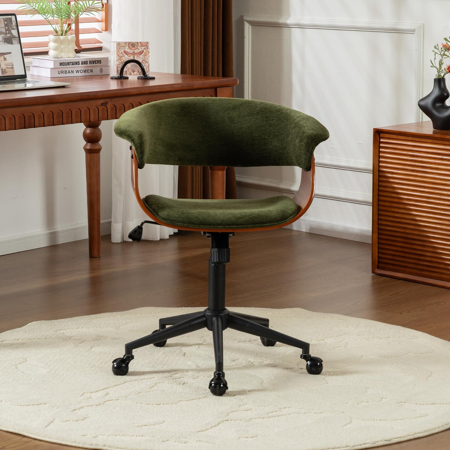 ROHASID Modern Home Office Chair, Comfy Computer Desk Chair with Wheels, Height Adjustable, Rolling, Swivel Fabric Task Chair with Ergonomic Curved Back for Bedroom, Office, Vanity, Green