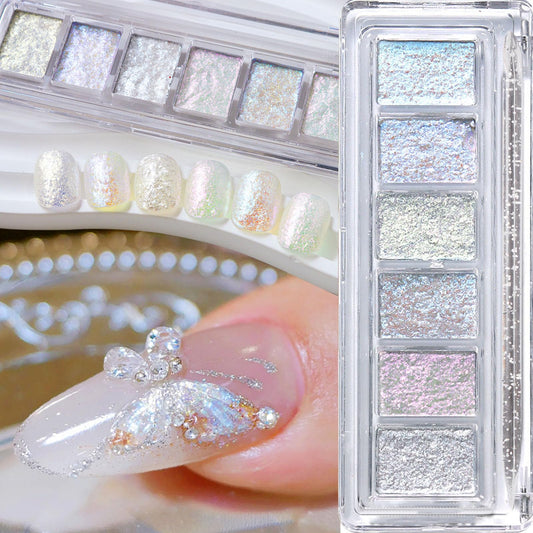 Opal Aurora Iridescent Nail Glitter,6 Colors Holographic Bling Mud Solid Foil Nail Pigment Reflective Charm Mermaid Fairy Dust Nail Powder Manicure Paillettes